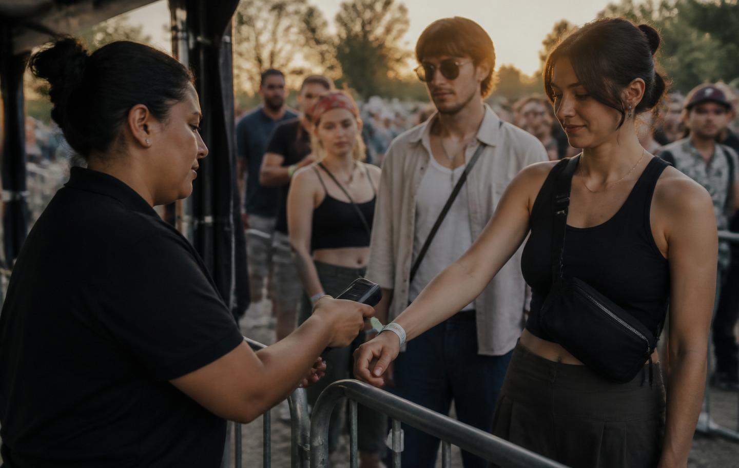 Guest services staff scanning a guest wristband at a festival entrance lane