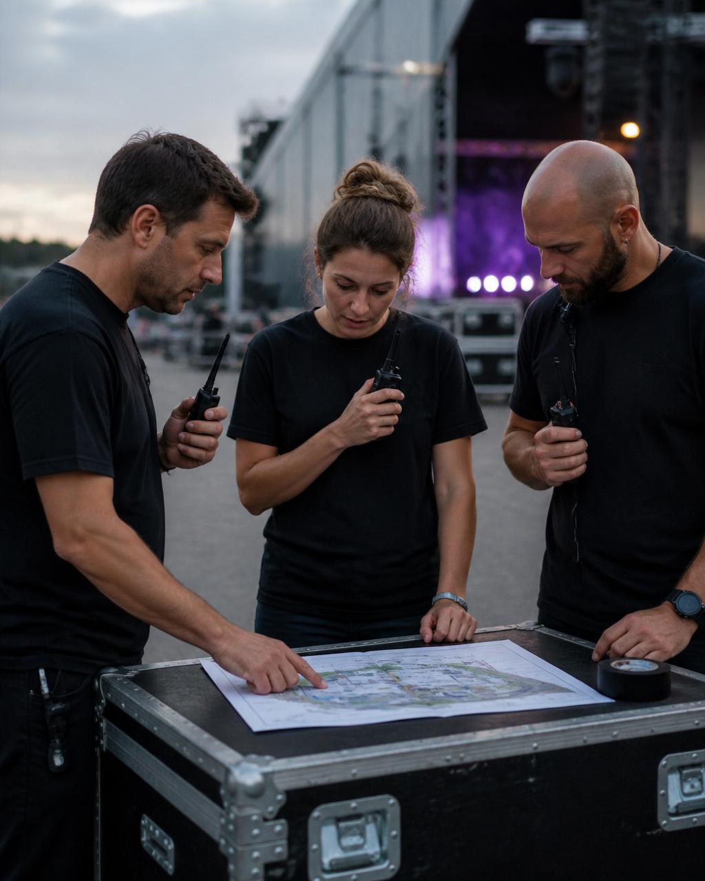 Event operations crew reviewing a printed site map on a road case with handheld radios before doors