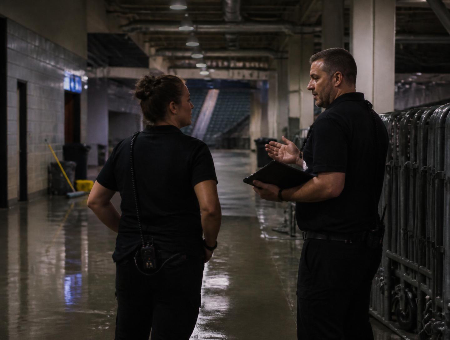 Two crew members debriefing in an empty arena concourse beside stacked barricades after an event