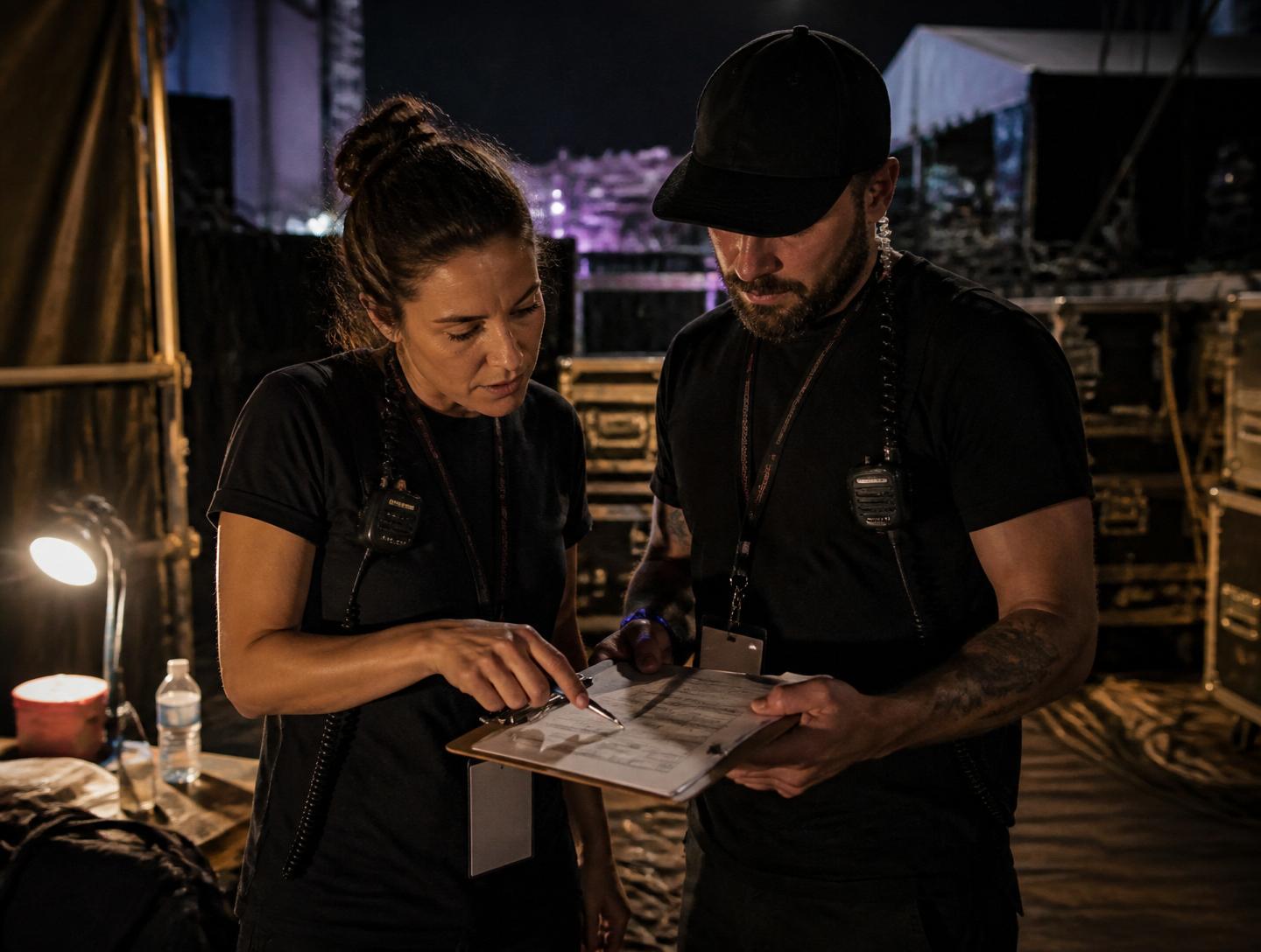 Two event leads reviewing a printed run of show on a clipboard backstage at night