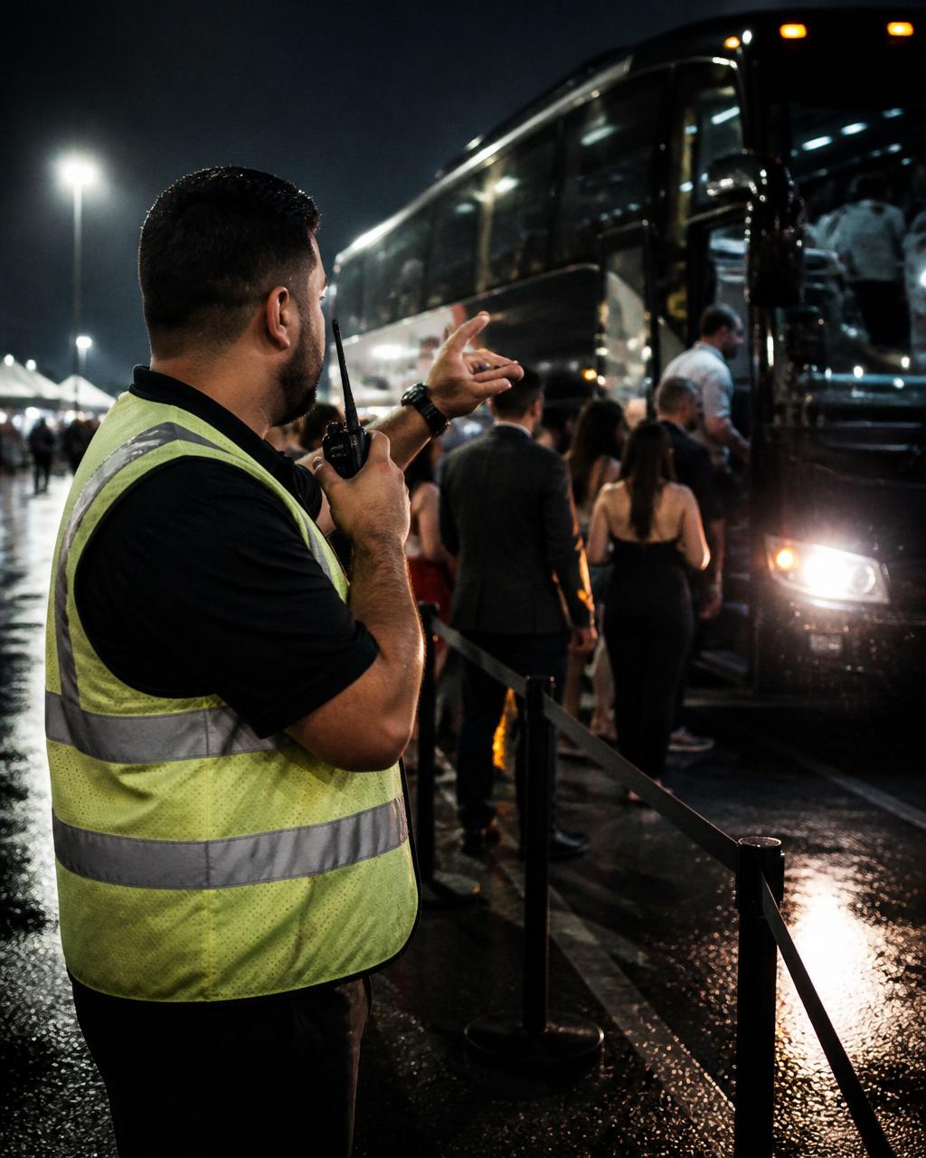 Transportation supervisor with a handheld radio managing guests boarding a shuttle coach at night